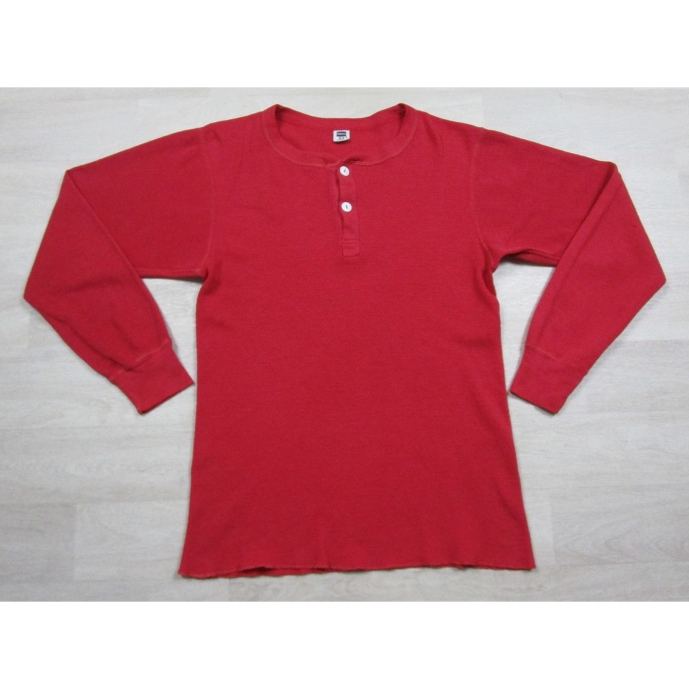 Vintage 60s Hanes Thermal Henley Shirt Men's (XL) Red Waffle Knit Long Sleeve